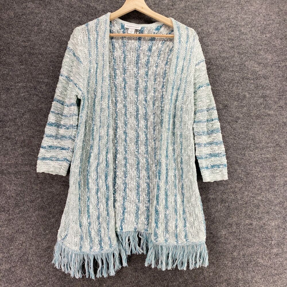 Christopher & Banks Cardigan Women S Small Blue Striped Open Front Fringe Cotton